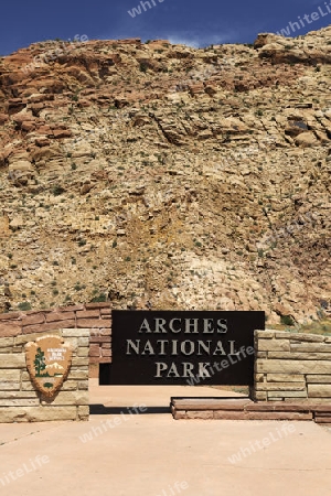 Eingangsschild Arches Nationalpark, Utah, USA