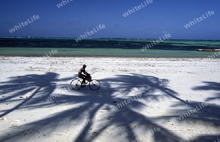 Der Sandstrand bei Bwejuu an der Ostkueste der Insel Sansibar im Indischen Ozean in Tansania in Ostafrika..