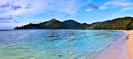 Stunning high resolution beach panorama taken on the paradise islands Seychelles.