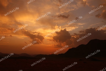The Landscape on evening in the Wadi Rum Desert in Jordan in the middle east.