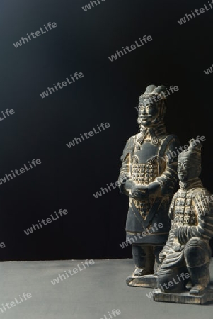 Zwei chinesische Terracotta Krieger, nach links schauend und von links beleuchtet, im Hochformat.