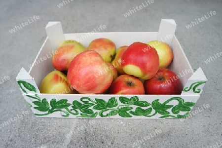 Bemalte Obstkiste mit Äpfel