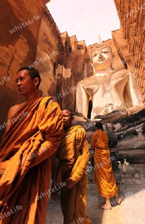 Moenche bestaunen die Buddha Figur  im Wat Si Chum Tempel in der Tempelanlage von Alt-Sukhothai in der Provinz Sukhothai im Norden von Thailand in Suedostasien.