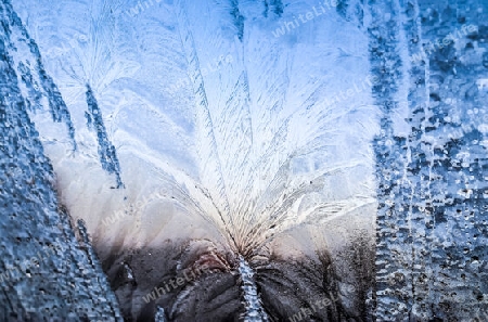 Beautiful ice flowers at a window on a cold winter day