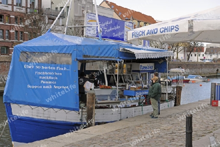 Fischkutter verkaufen frischen Fisch und Fischbr?tchen an Touristen am Querkanal im alten Hafen von Stralsund ,  Unesco Weltkulturerbe, Mecklenburg Vorpommern, Deutschland, Europa , oeffentlicher Grund