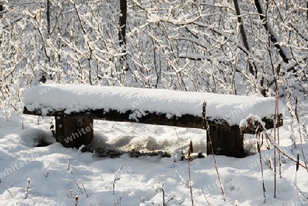 Verschneite Sitzbank im Wald