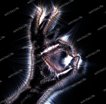 3D-Illustration of a glowing human female hand with a kirlian aura showing different symbols.