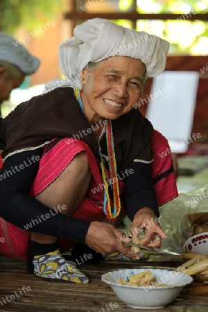 Traditionell gekleidete Frau von einem Stamm der Akha beim Dof Chiang Dao noerdlich von Chiang Mai im Norden von Thailand. ) 