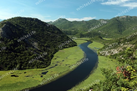 Die Landschaft bei Rijeka Crnojevica mit dem Fluss Rijeka Crnojevica am westlichen ende des Skadarsko Jezero See oder Skadarsee in Zentral Montenegro in Montenegro im Balkan am Mittelmeer in Europa.