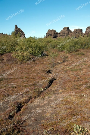 Der Nordosten Islands, Blick auf die Trennungsspalte zwischen Eurasien und Amerika im Lava-Labyrinth Dimmuborgum am Myvatn-See bei Reykjahl??
