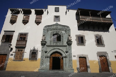 the Columbus House at the Plaza del Pilar Nuevo in the city Las Palmas on the Canary Island of Spain in the Atlantic ocean.