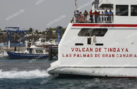 the Ferry on the conection from Playa Blanca on Lanzarote and Corralejo on Fuerteventura on the Canary Islands of Spain in the Atlantic Ocean. on the Island of Lanzarote on the Canary Islands of Spain in the Atlantic Ocean.
