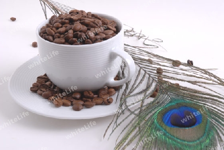 Kaffeebohnen mit Pfauenfeder