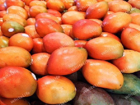 Tisch mit Mangofrüchten auf dem Markt für frische Lebensmittel.