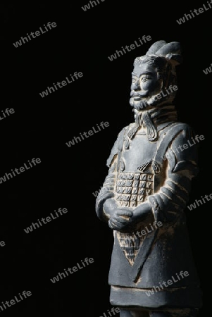 Chinesischer Terracotta Krieger, nach links schauend und von links beleuchtet, im Hochformat.