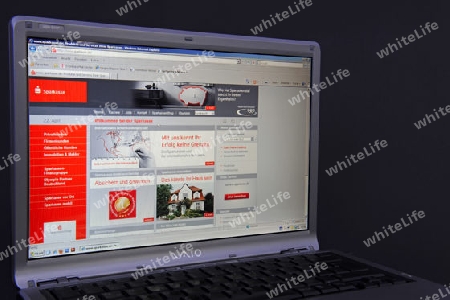 Website, Internetseite, Internetauftritt der Sparkasse auf Bildschirm von Sony Vaio  Notebook, Laptop