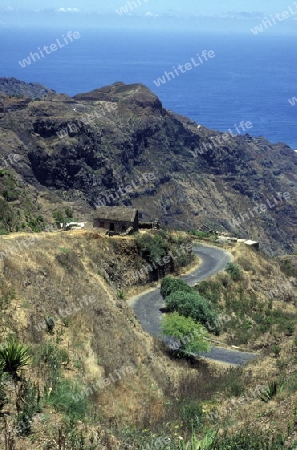 teh Mountairoad near the town of Ribeira Grande on the Island of Santo Antao in Cape Berde in the Atlantic Ocean in Africa.