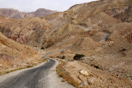 the Landscape on the Desertroad 65 near the Towns Safi and Aqaba in Jordan in the middle east.