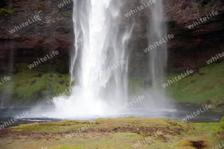Der S?den Islands, der malerische Wasserfall Seljalandsfoss st?rzt hier bis zu 66m tief ?ber die Flu?kante des Seljalands?