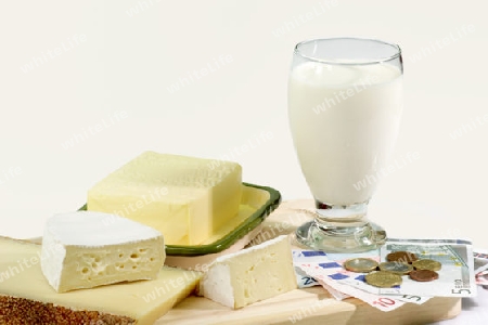 Milchprodukte mit Eurom?nzen und Euroscheinen auf hellemHintergrund