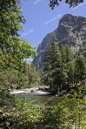 typische Landschaftsform mit  Merced River im Yosemite Nationalpark, Kalifornien, USA