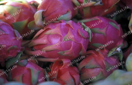 Dragon fruits on a Market on the Island of La Reunion in the Indian Ocean in Africa.