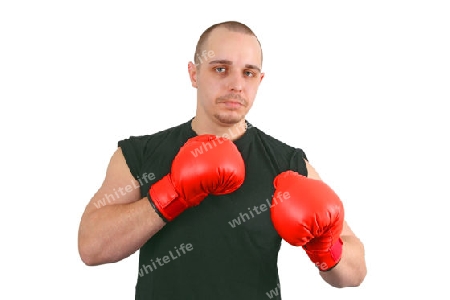 Junger Mann mit Boxhandschuhen auf weissem Hintergrund