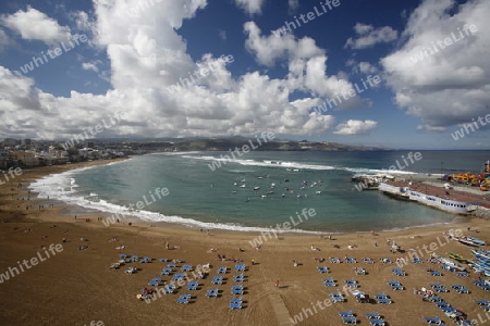 The  Playa de las Canteras in the city Las Palmas on the Canary Island of Spain in the Atlantic ocean.