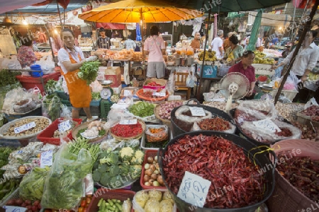 the morning Market in Nothaburi in the north of city of Bangkok in Thailand in Southeastasia.