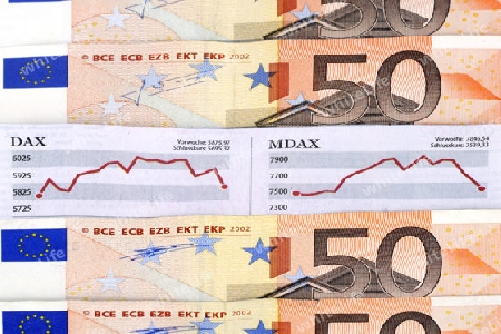 DAX,  MDAX Boersenkurve 50 Euro Banknoten, Geldscheine , Symbolbild fuer Boersengewinne, Boersenverluste