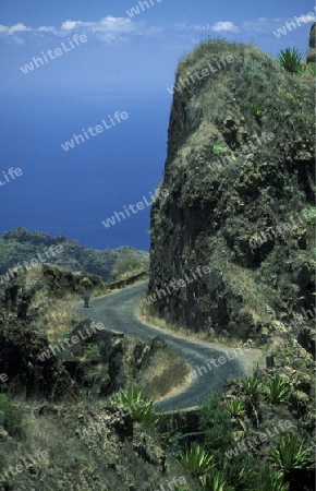 the Mountairoad near the town of Ribeira Grande on the Island of Santo Antao in Cape Berde in the Atlantic Ocean in Africa.