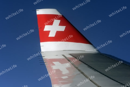 a airplane of Swiss Airlines on the way to Bangkok in Thailand in Suedostasien.