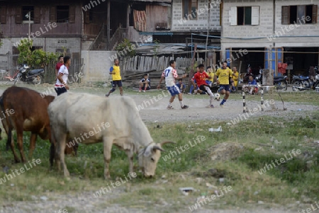 soccer player in soccer field in the town of Nyaungshwe at the Inle Lake in the Shan State in the east of Myanmar in Southeastasia.