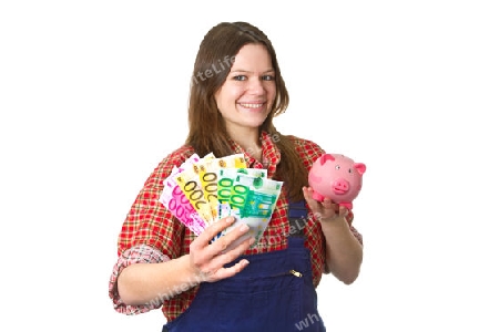 Junge Handwerkerin mit Banknoten freigestellt auf weissem Hintergrund