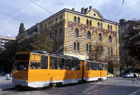 a city train in the old town of the city of Sofia in Bulgaria in east Europe.