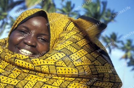 Eine Frau  im Dorf Bwejuu am Traumstrand  von Bwejuu an der Ost-Kueste auf der Insel Zanzibar welche zu Tansania gehoert.    