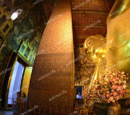 Der Liegende Buddha in der Tempelanlage des Wat Pho in der Hauptstadt Bangkok von Thailand in Suedostasien.