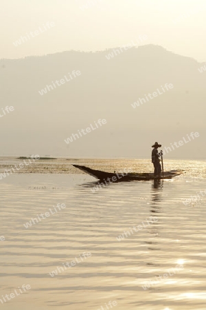 A fishingboat on the Lake Inle near the town of Nyaungshwe at the Inle Lake in the Shan State in the east of Myanmar in Southeastasia.