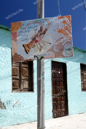 Suedamerika, Karibik, Venezuela, Los Roques,  Eine von Kinder gemalte Infotafel zum beginn der Langusten Jagtsaison auf Gran Roque auf der Inselgruppe von Los Roques in der Karibik. 