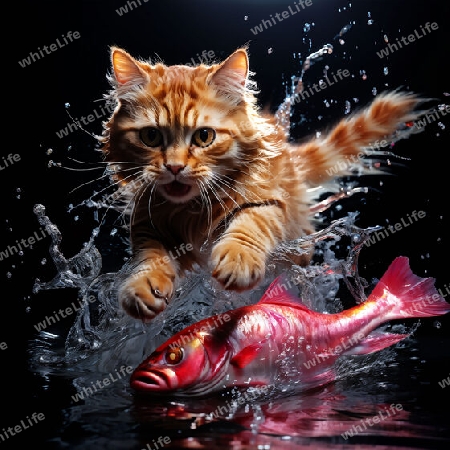 Katze fängt Fisch