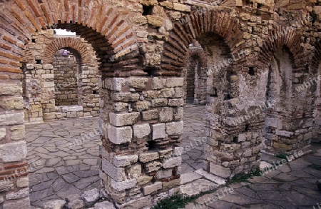 the ruin of the Basilica in the old town of  Nesebar on the coast of the Black sea in Bulgaria in east Europe.