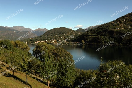 the Landscape near the  Fishingvillage of Orta on the Lake Orta in the Lombardia  in north Italy. 