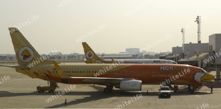 Flugzeuge der Nok Air sthen auf dem Flughafen Don Muang in der Hauptstadt Bangkok von Thailand in Suedostasien.