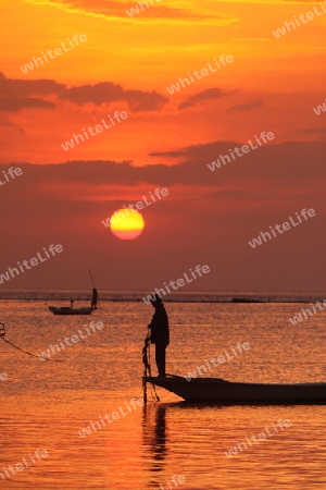 Der Strand mit traditionellen Fischerbooten in der Seegrass Plantage bei Sonnenuntergang auf der Insel Nusa Lembongan nachbarinsel der Insel Bali in Indonesien..