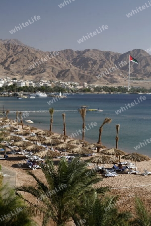 the coast with a Beach in the city of Aqaba on the red sea in Jordan in the middle east.