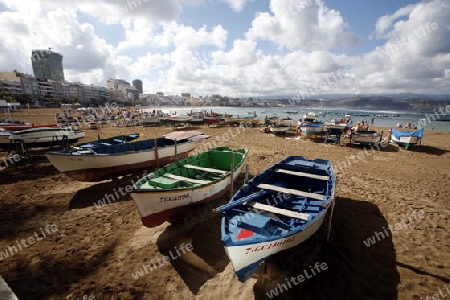 The Playa de las Canteras in the city Las Palmas on the Canary Island of Spain in the Atlantic ocean.