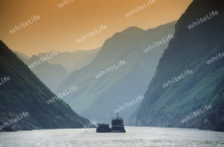 the landscape from a ship on the yangzee river in the three gorges valley up of the three gorges dam projecz in the province of hubei in china.