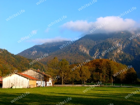 Landschaft mit Wiese und einer Scheune mit Herbstwald und Berg im Hintergrund