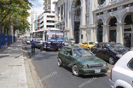 typisches Verkehrschaos in der Altstadt von  Guayaquil, Ecuador, Suedamerika