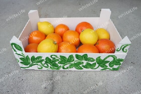 Bemalte Obstkiste mit Orangen und Zitronen